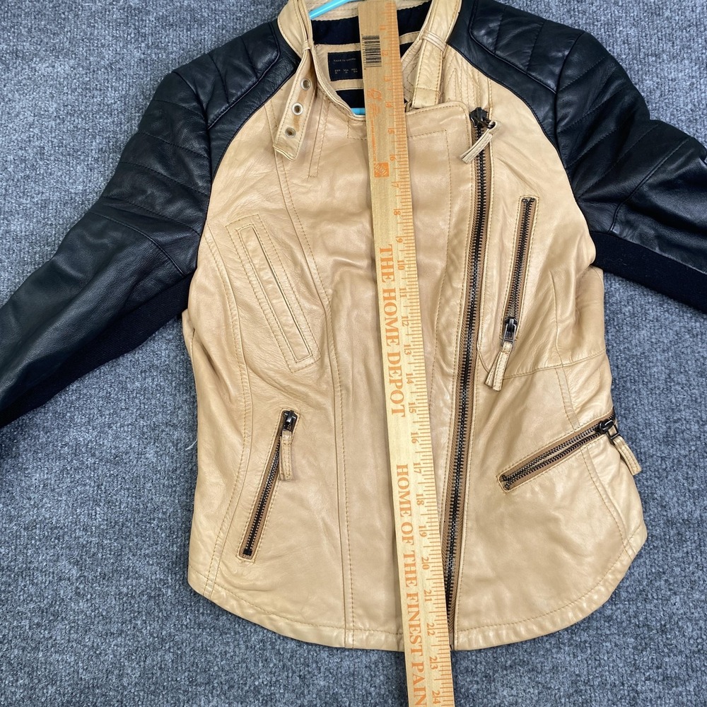 Zara Jacket Womens Medium Beige Black Leather Moto Asymmetrical Lambskin Cafe - Picture 8 of 10